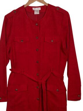 Dressbarn Dress Size 14 Red Microsuede Button Up Belted Long Sleeve Office Wear